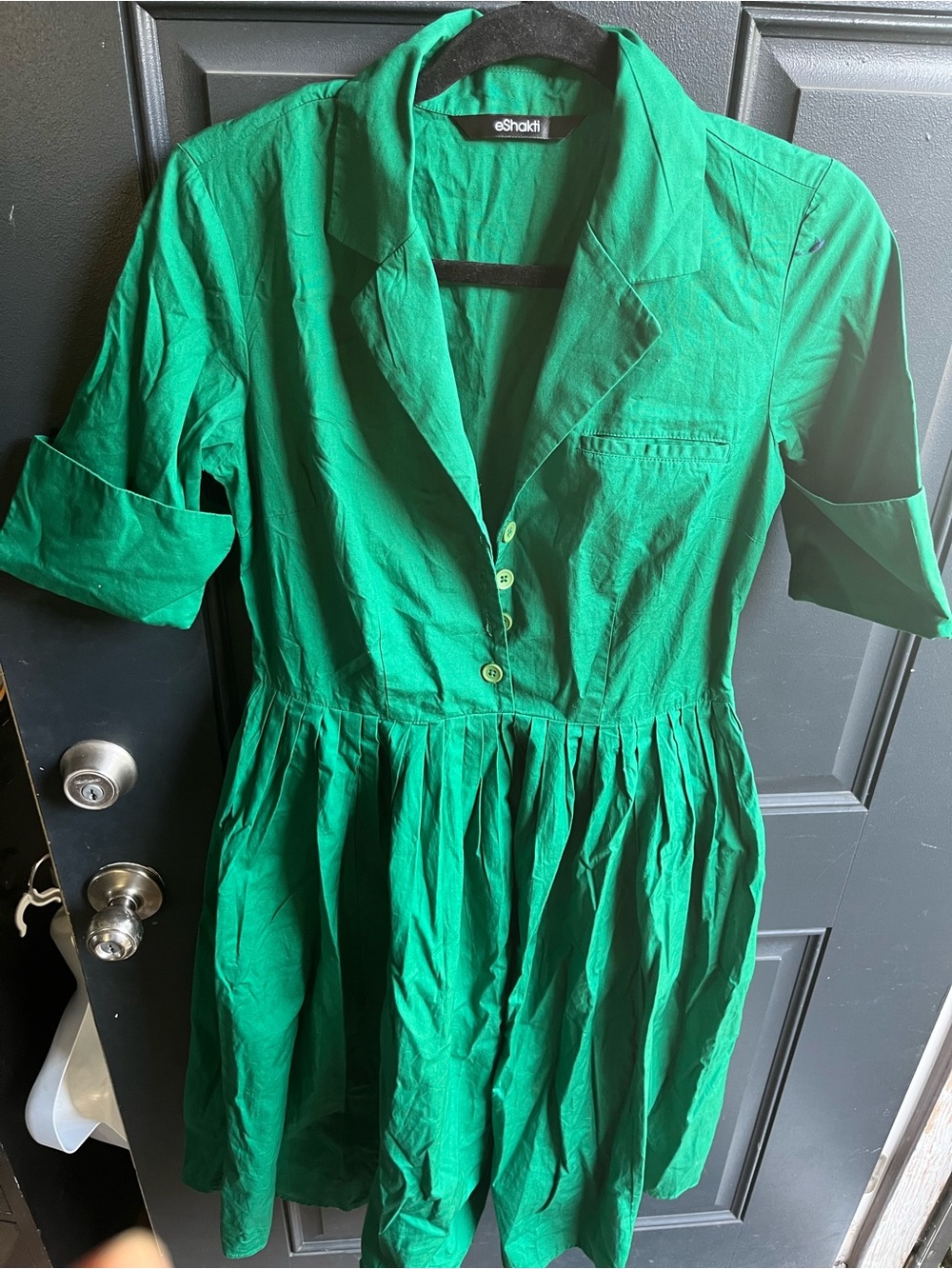 eshakti Emerald Green Shirtwaist Midi Dress with Gathered Skirt